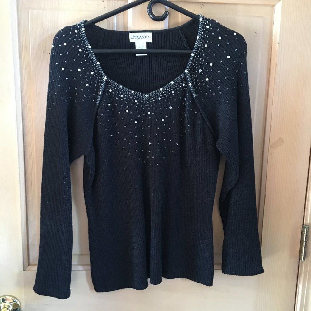 Black Beaded V-Neck Long Sleeve Sweater from Gantos - Size Large